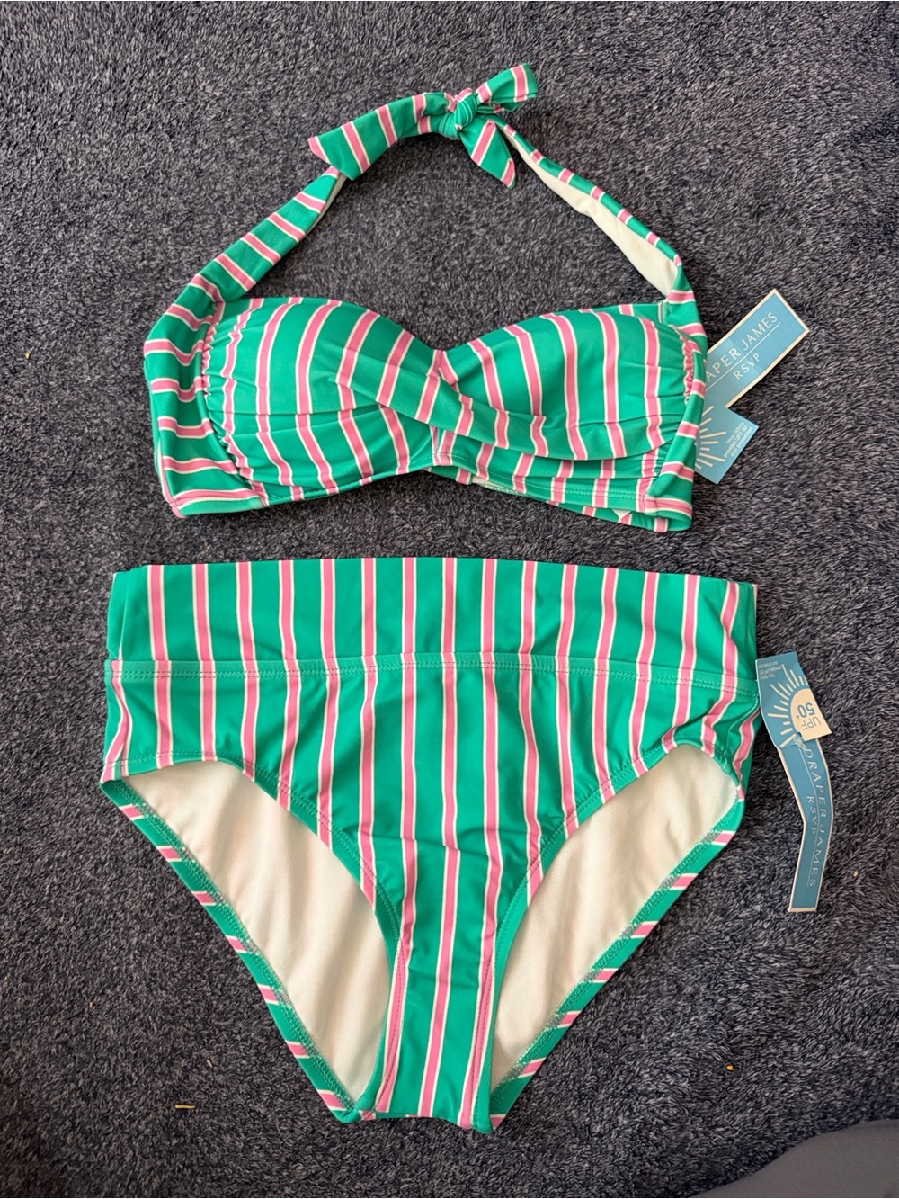 Draper James Green, Pink & White Striped High-Waist Bikini Set